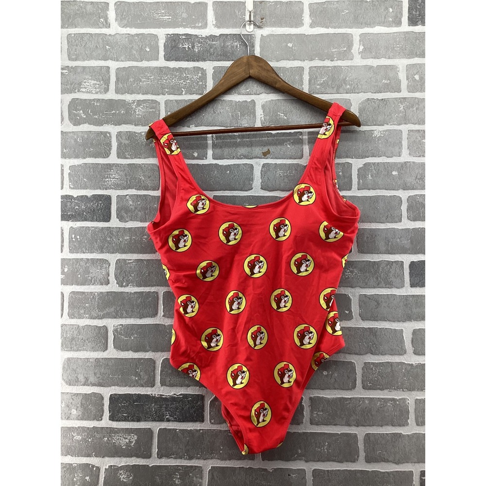 Buc-ee's Womens One Piece Swimsuit Red Beaver Mascot Logo Print Size Medium